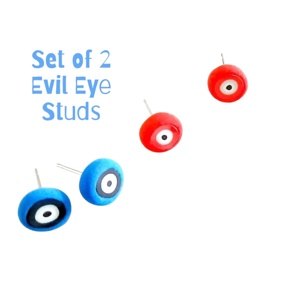 Evil Eye Stud Earrings Set - Red and Blue